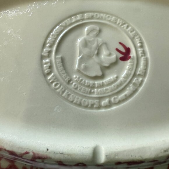 Roseville Spongeware Divided Oval Serving Dish Pink & White 12" x 9" Stoneware - Picture 4 of 8